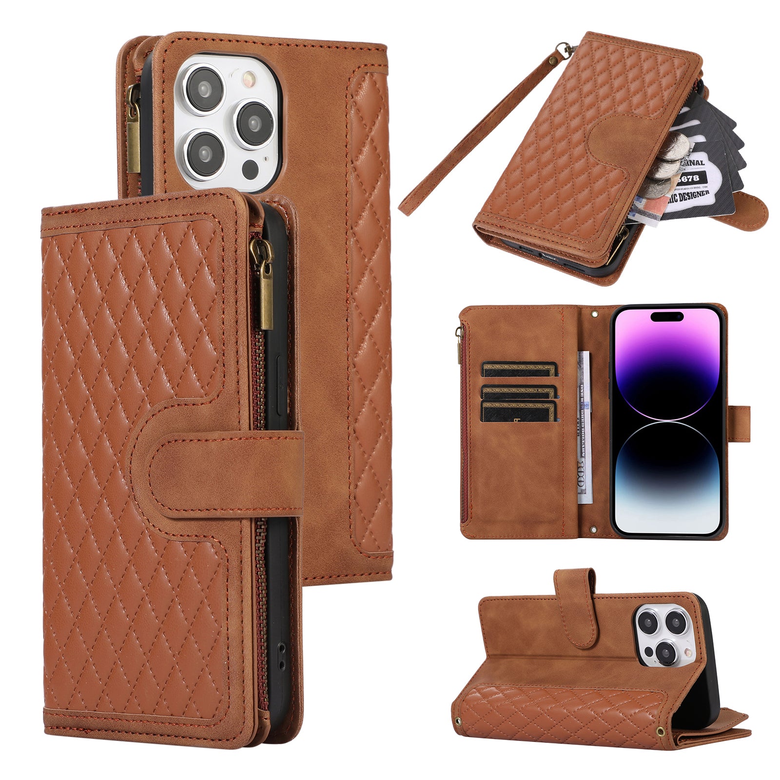 For iPhone 14 Pro Max PU Leather 9 Card Slots Phone Case Imprinted Zipper Pocket Wallet Cover with Stand For iPhone 14 Pro Max PU Leather 9 Card Slots Phone Case Imprinted Zipper Pocket Wallet Cover with Stand